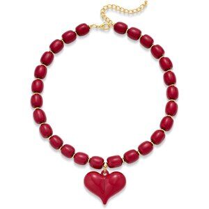 Women's Chunky Puff Red Heart Penadnt Acrylic Beaded Chain Necklace